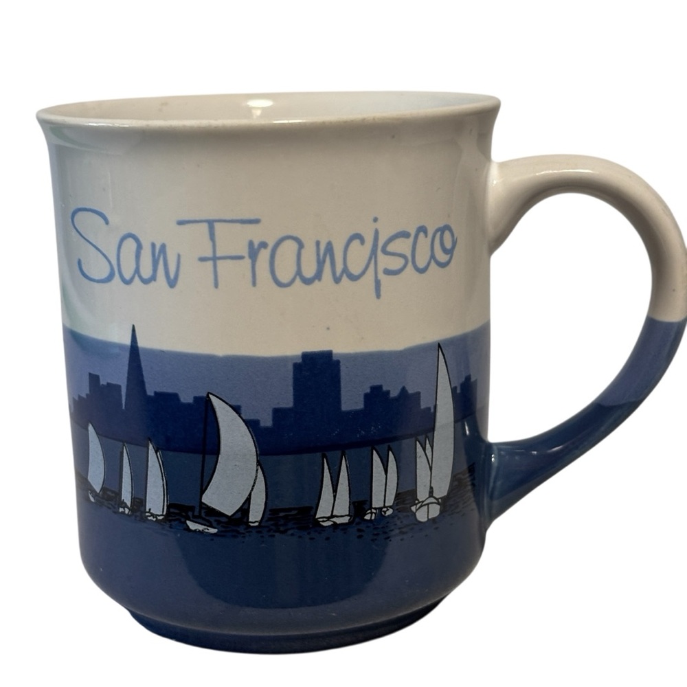 San Francisco skyline & sailboats mug cup blue & cream EUC